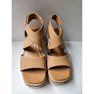 Tan Wedge‎ Rope Detail Sole And Velcro Ankle 9.5 New